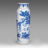 A Chinese Transitional blue and white 'Dancing lady in a garden' sleeve vase, with inscription, H 47