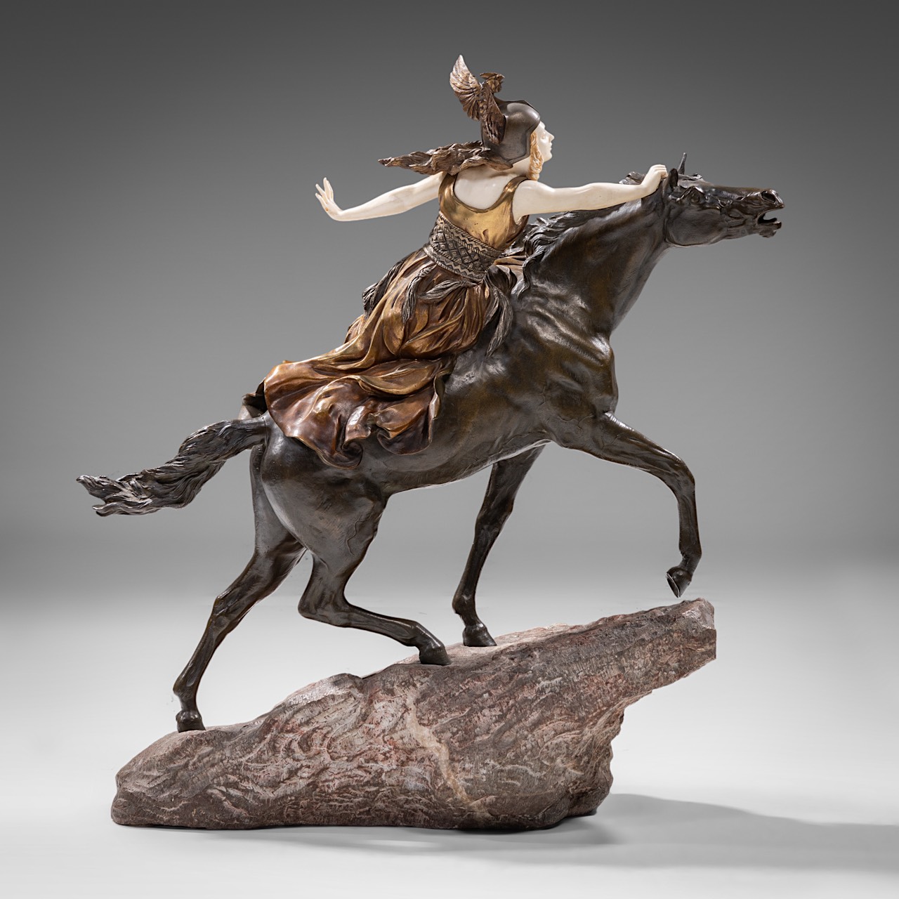 Claire Jeanne Roberte Colinet (1880-1950), 'Valkiria - Towards the Unknown', chryselephantine sculpt - Image 5 of 14