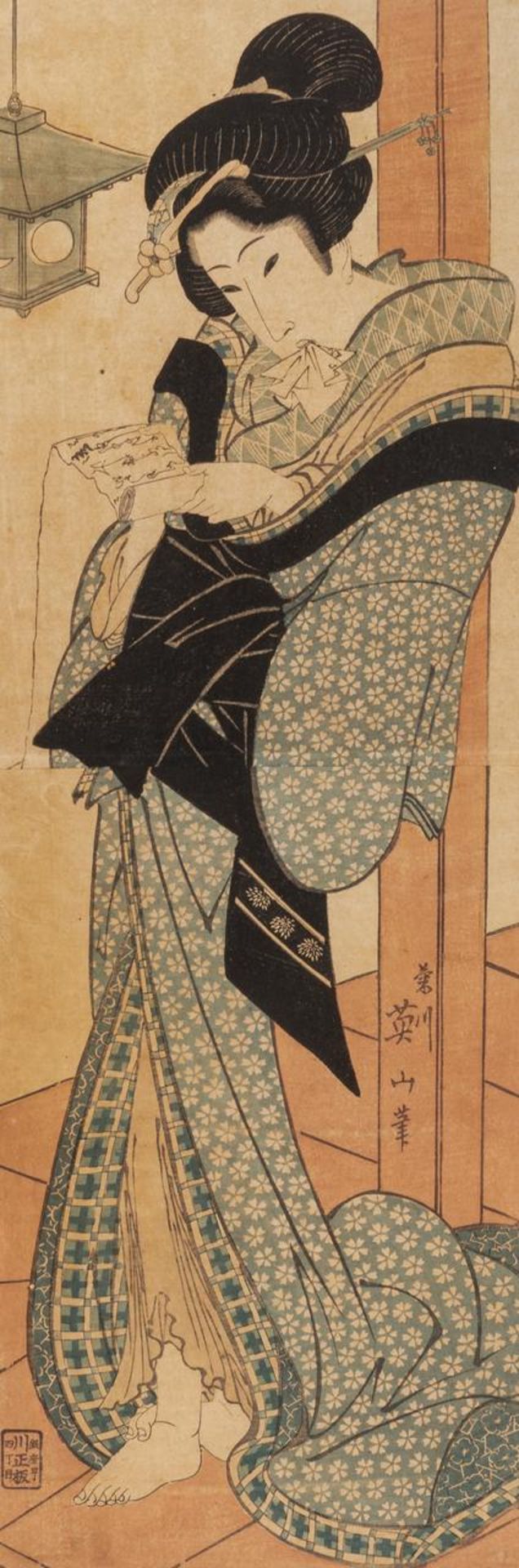 A Japanese woodblock print by Eizan, a courtesan reading a love letter, 1787-1867, framed 90,5x41,5