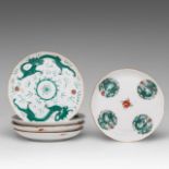 A collection of five Chinese green enamelled 'Dragon' dishes, Daoguang period and some marked, dia 1