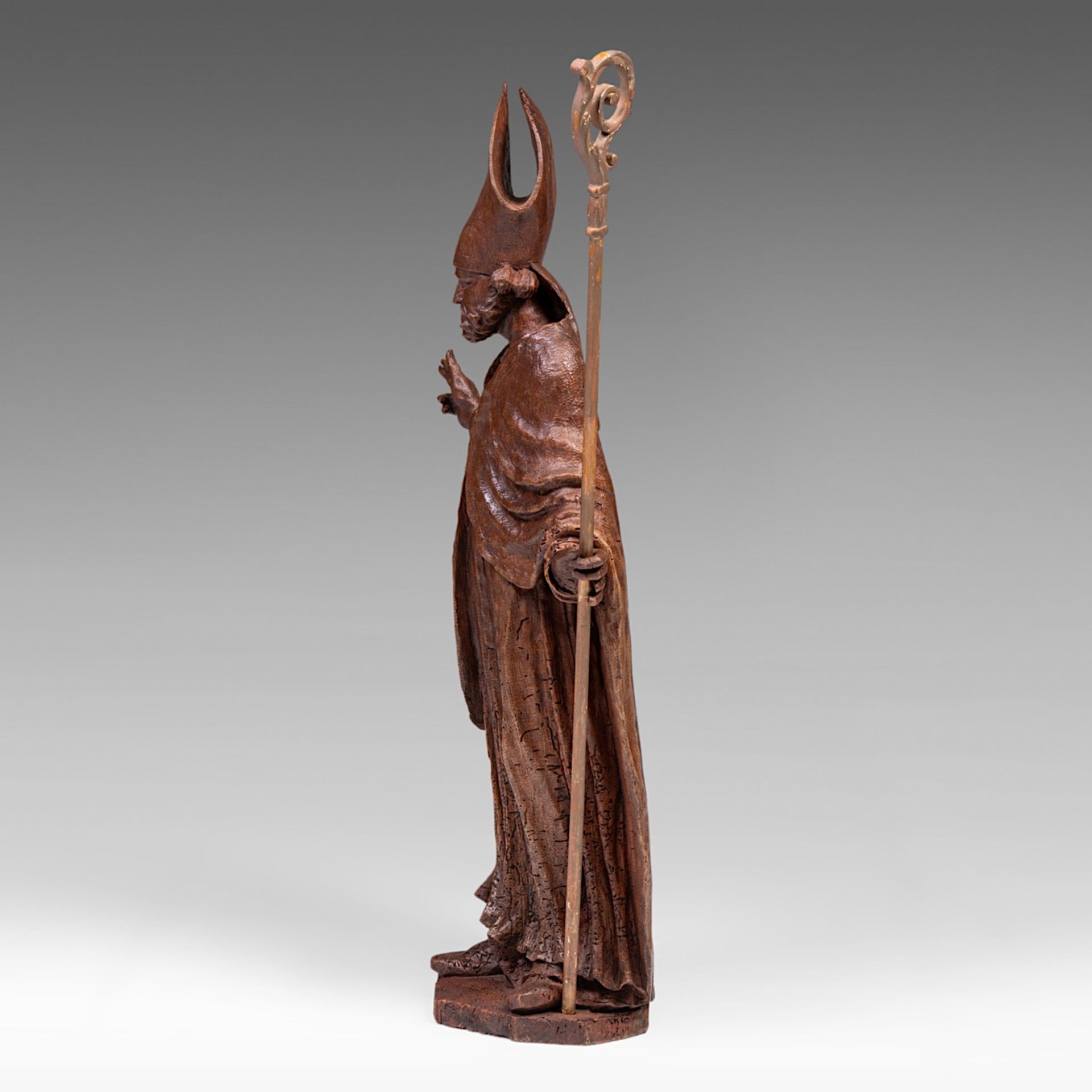 An 18thC carved oak sculpture of a bishop making his blessing, H 110 cm - Image 3 of 6