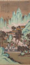 A Chinese 'Beauties in a pavilion' painting, colour on silk, with a signed text, Qing dynasty, frame