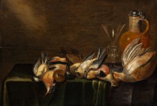 Attrib. to Alexander Adriaenssen (1587-1661), still life with poultry a stoneware jug and a Venetian