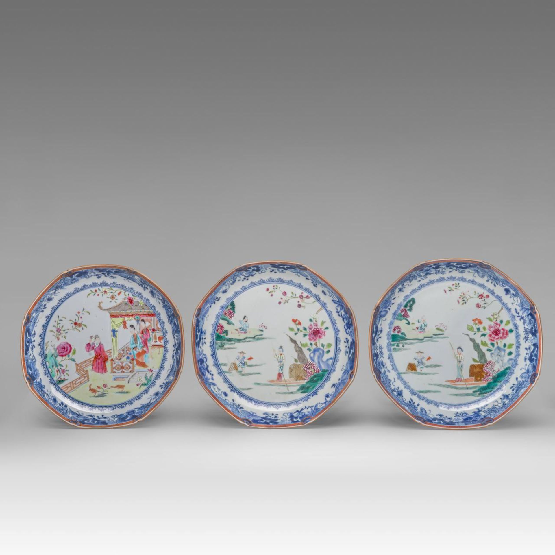 Three Chinese famille rose figural octagonal export porcelain plates, 18thC, dia 25 cm