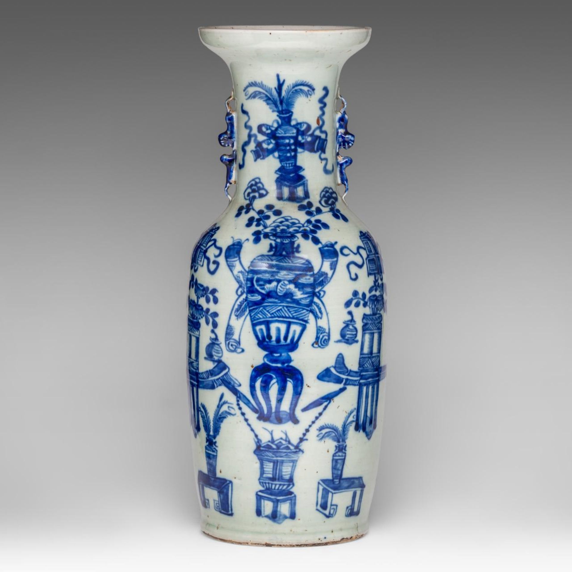 A Chinese blue and white on celadon ground 'Antiquities' vase, 19thC, H 57 cm