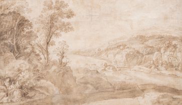 Herman van Swaenevelt (1600-1655), Italian large landscape with a river, brown ink pen drawing and w