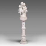 A charming Carrara marble sculpture of two girls writing a letter, H 49 - 130 cm (without - with ped