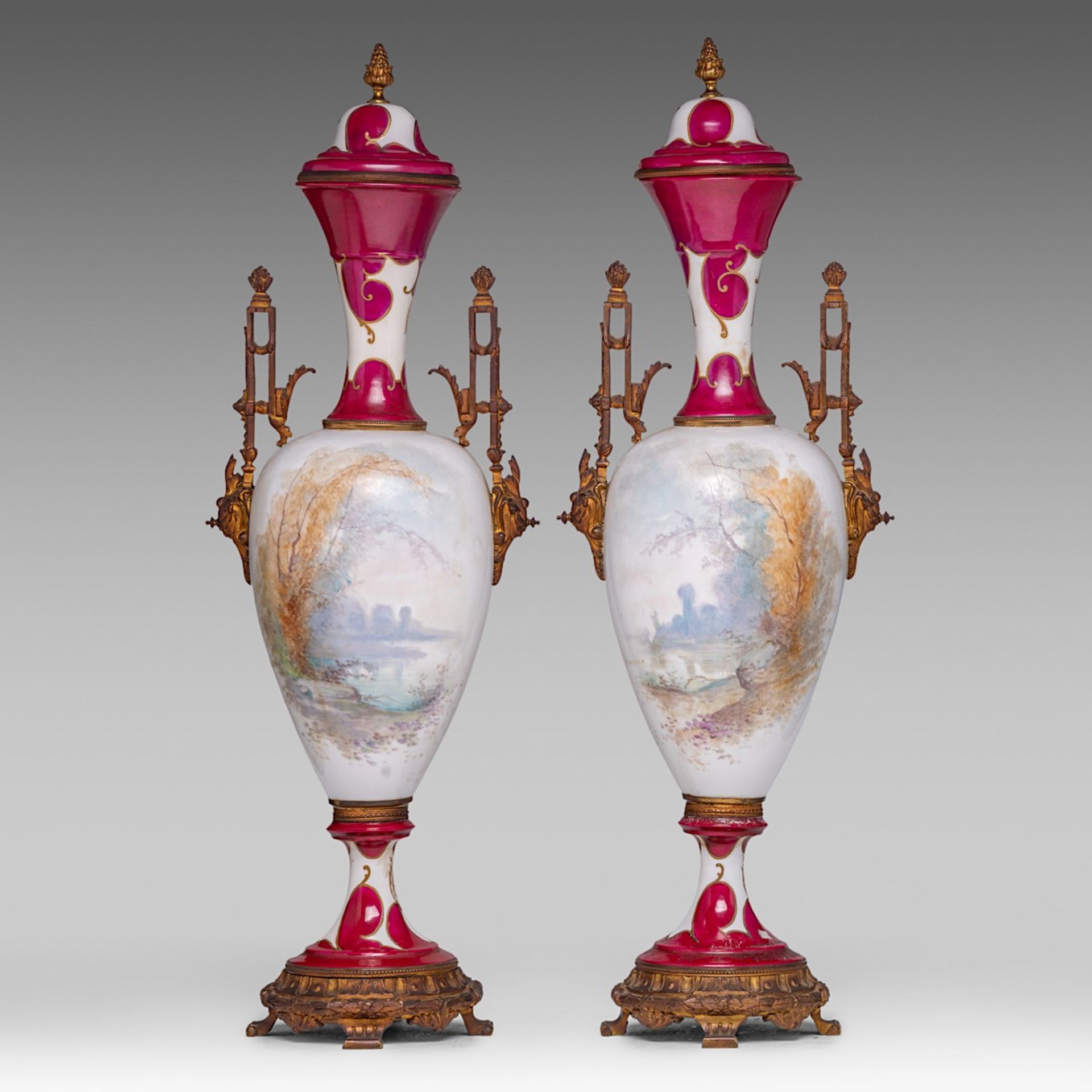A pair of Sevres porcelain Neoclassical vases, with hand-painted romantic scenes, H 69 cm - Bild 3 aus 9