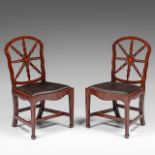 Two 18thC mahogany Anglo-Dutch chairs with a marquetry inlaid star, total H 96 - seat H 46 - W 64 -