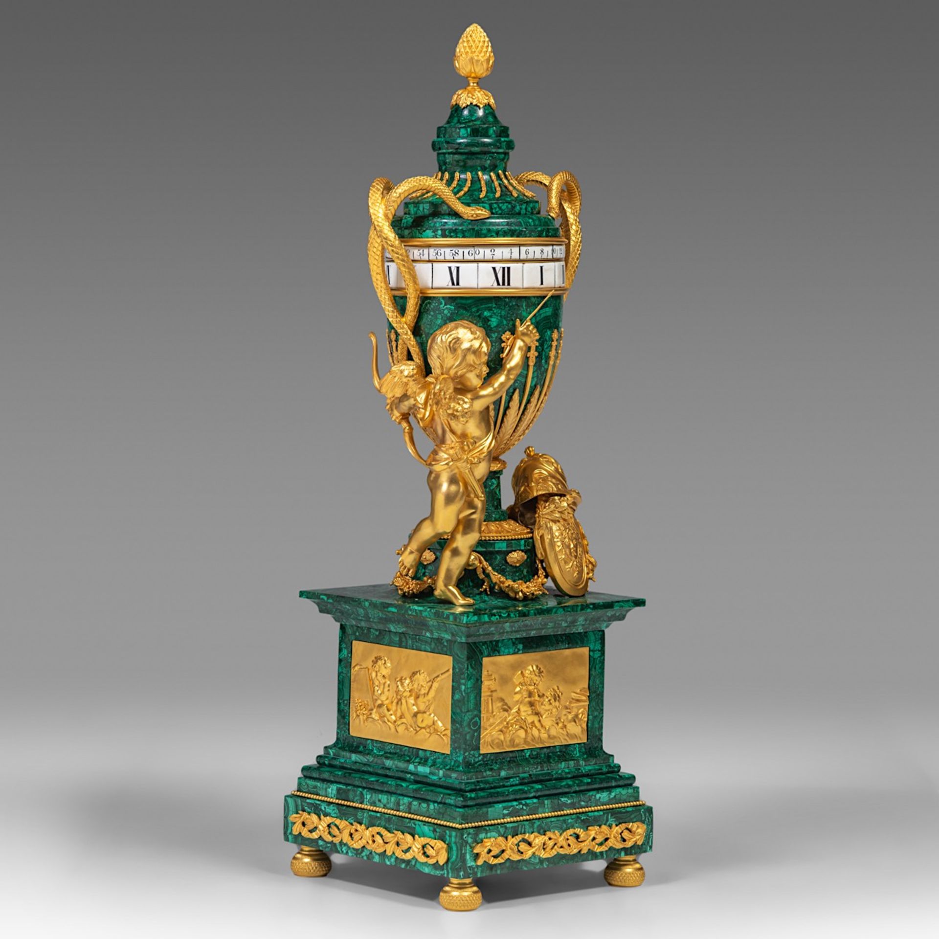 An exceptional Louis XVI style annular 'cercle tournant' clock, malachite and gilt bronze mounts, H - Image 6 of 8