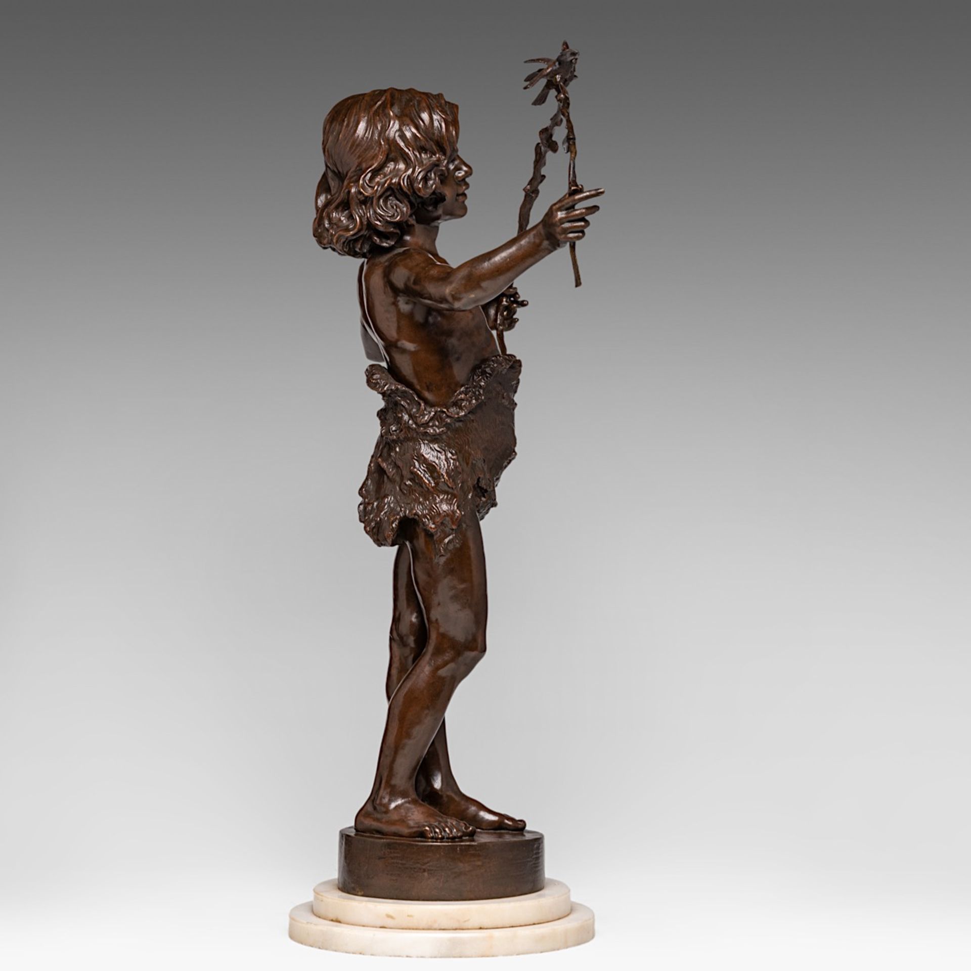 Marcel Debut (1865-1933), boy playing with birds, patinated bronze, H 70 cm - Image 5 of 6