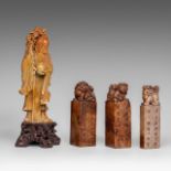 Three Chinese soapstone seals and a carving of 'Shou Lou', late Qing H 18 - 35 cm