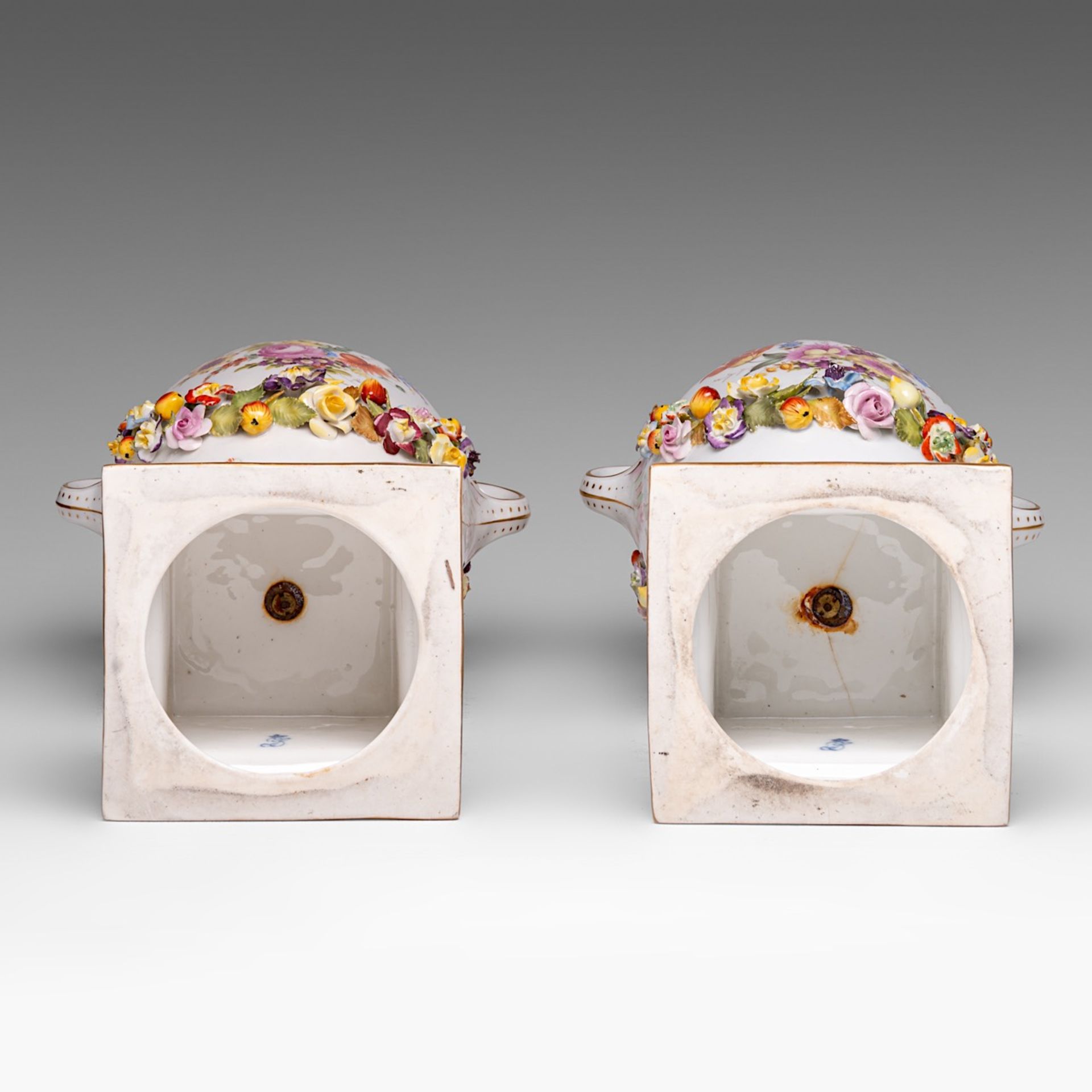 A pair of Saxony porcelain urns, with hand-painted roundels and flower relief decoration, marked Aug - Image 6 of 12
