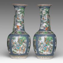 A fine pair of Chinese Canton famille rose bottle vases, 19thC, H 60,5 - H 61 cm