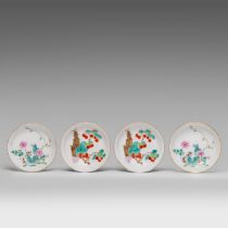 A pair of Chinese famille rose 'Flower garden' and a pair of 'Apricot and bamboo shoot' saucers, Gua