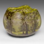 A small Daum Nancy cameo glass vase with a forest view, H 11,5 cm
