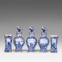 A five-piece blue and white Dutch Delft garniture set, signed Johannes Van Duijn, H 25 - 37 cm