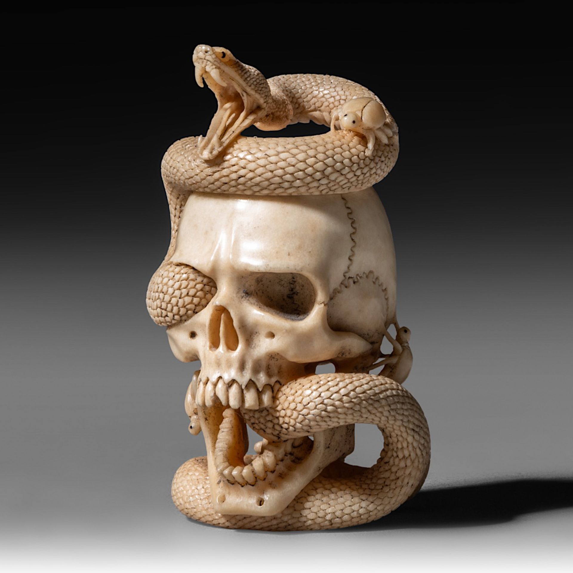 A (German) skull and snake sculpture, bone, 18th - 19th century, H 7,9 cm - weight 79 g - Image 2 of 9