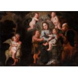 The Holy Family surrounded by angels, Antwerp School, 17thC, oil on canvas 75 x 105 cm. (29.5 x 41.3