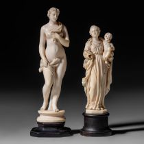 Two ivory statues depicting the Madonna and child, and a Venus, 19thC, French, total H 15,7 - 18,5 c