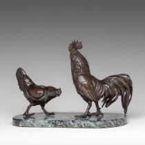 A patinated bronze group of a rooster and a hen, presented on a vert de mer marble base, H 25 - W 35