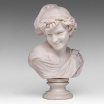 After Jean-Baptiste Carpeaux (1827-1875), 'Le Rieur Napolitian', Carrara marble bust, H 49 cm