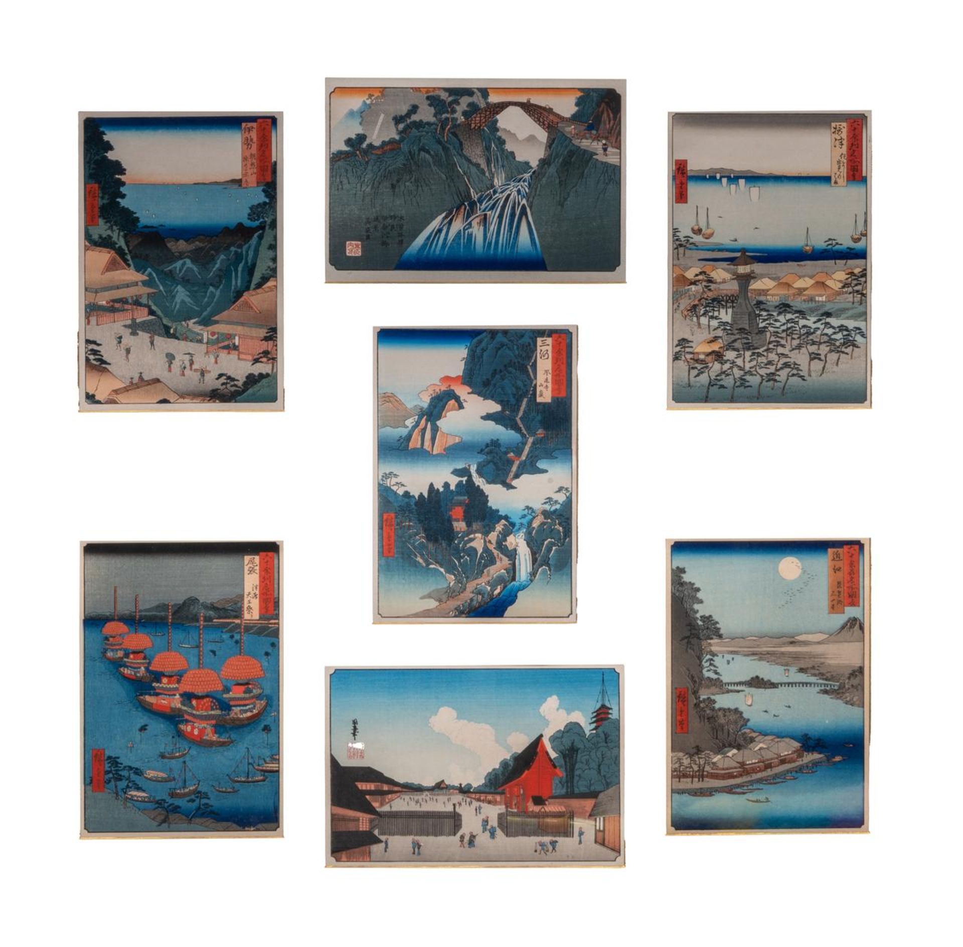 A framed collection of later prints by Hiroshige, late 19th/early 20thC, frame 95x94 cm