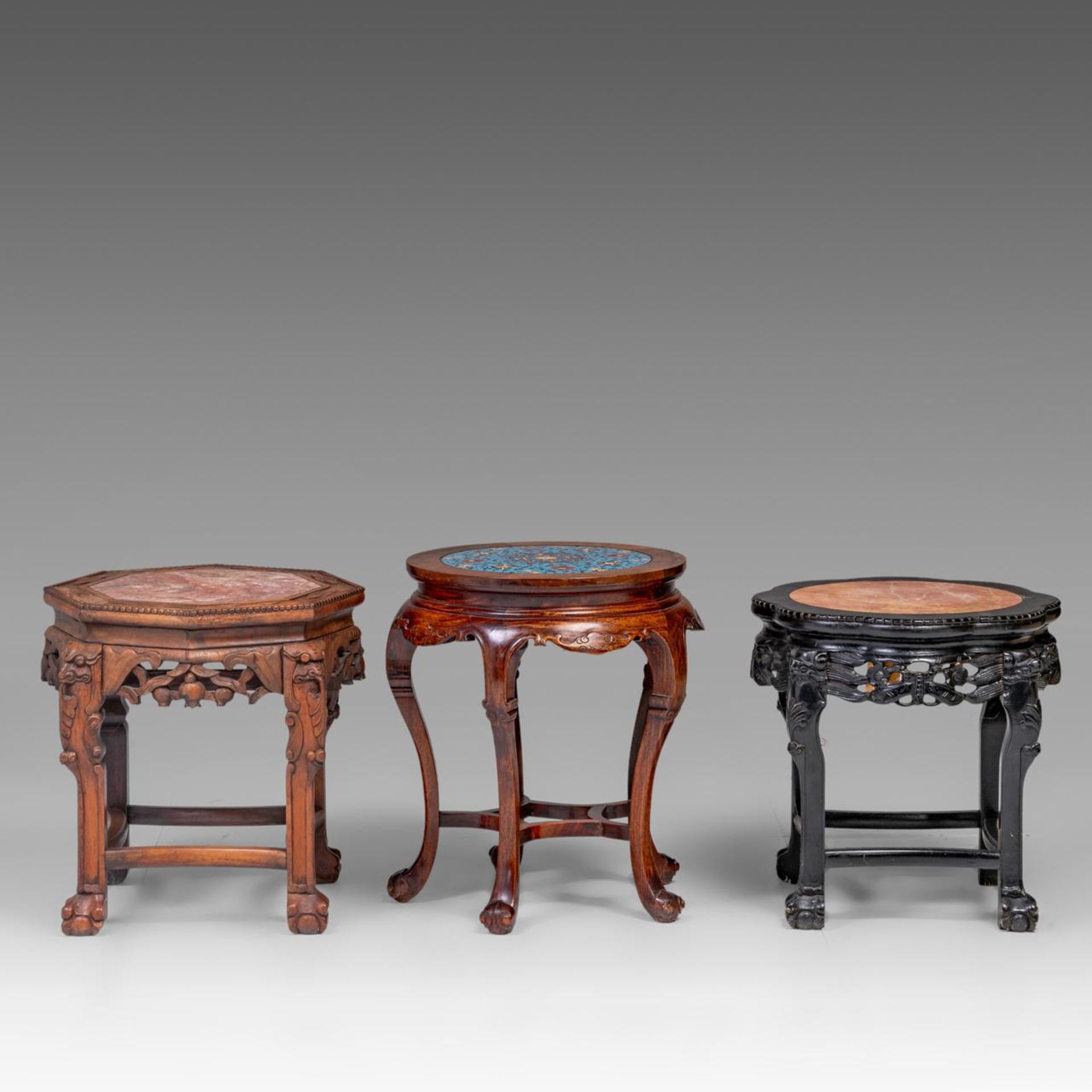 Three Chinese carved hardwood bases, two including a marble top, one with a cloisonne enamelled plaq - Image 4 of 9