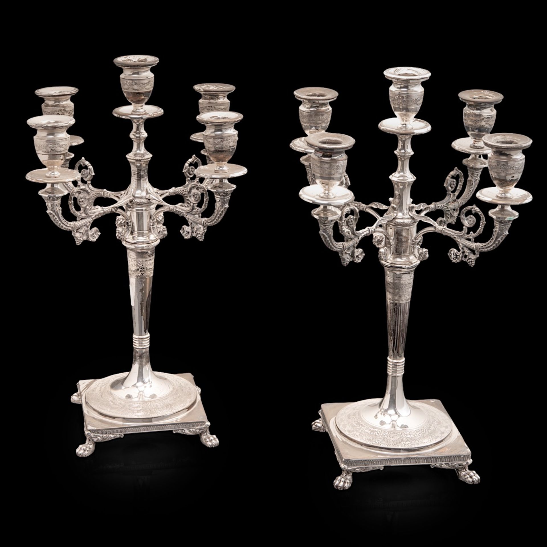 A pair of five-armed Neoclassical silver candelabras, 800/000, H 44 - 45 cm, total weight: 3539 g - Image 3 of 6