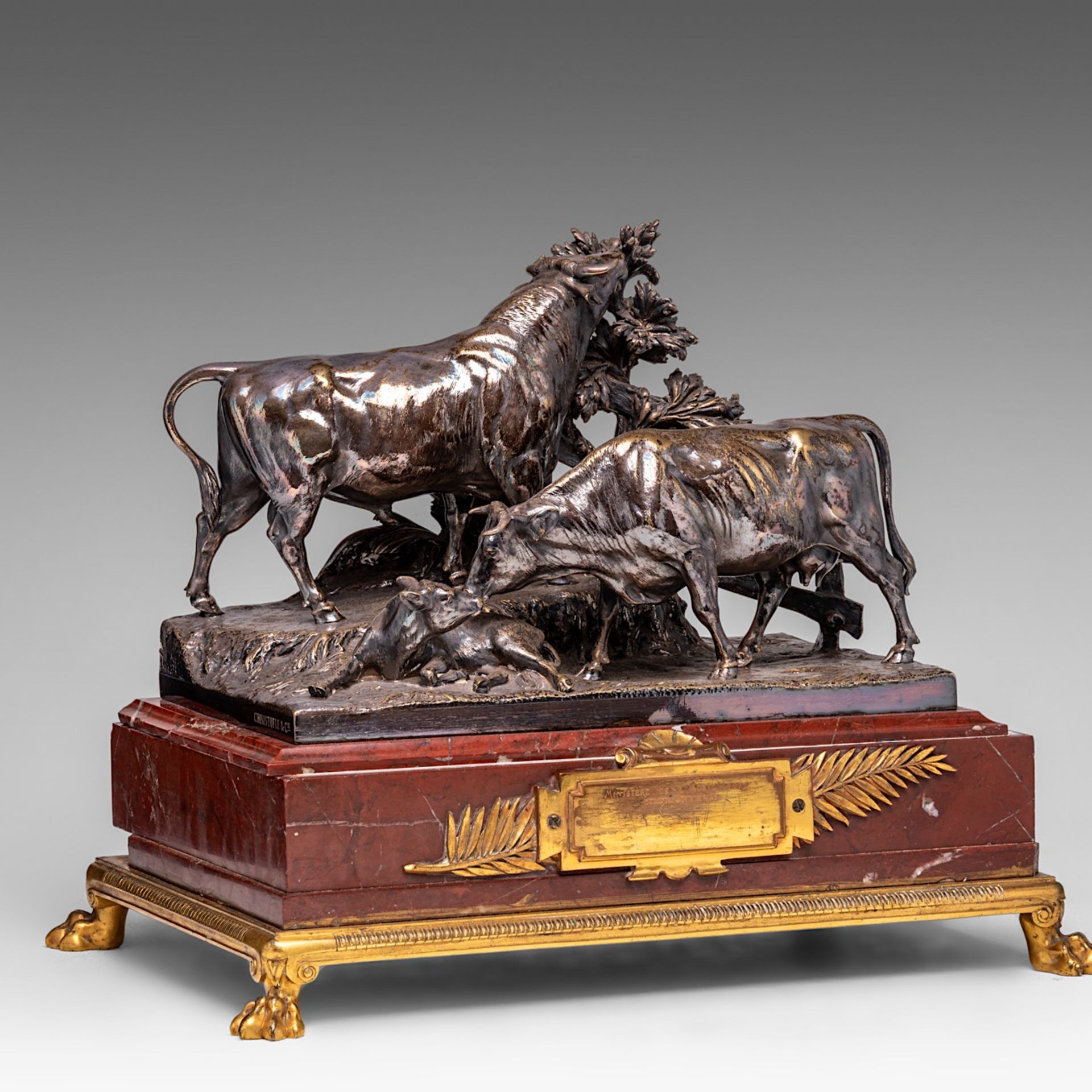 Louis-Pierre Rouillard (1820-1881), a silver-plated bronze group of a bull, a cow and a calf, cast b - Image 2 of 7