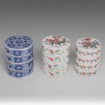 A small collection of three Chinese four-tier stacking boxes, decorated with figures, late 19thC, ta