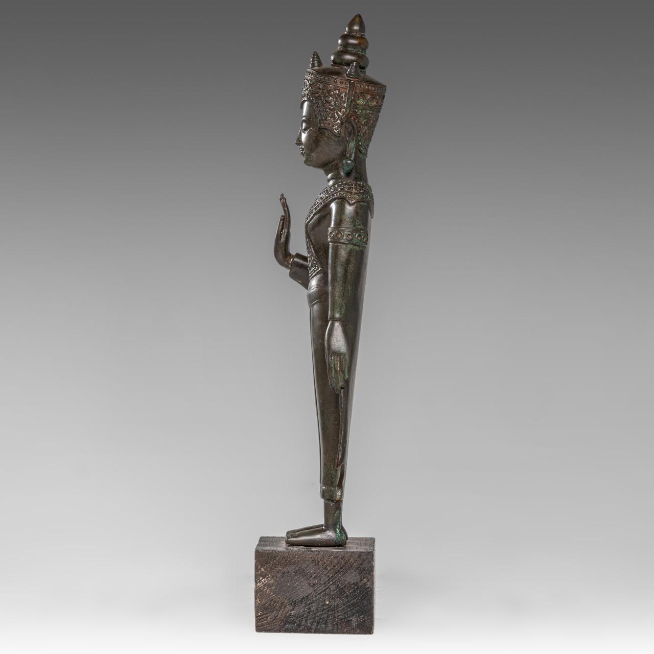 A Thai bronze figure of standing crowned Buddha, Ayutthaya style, 19thC, H 39,8 cm - Image 3 of 6