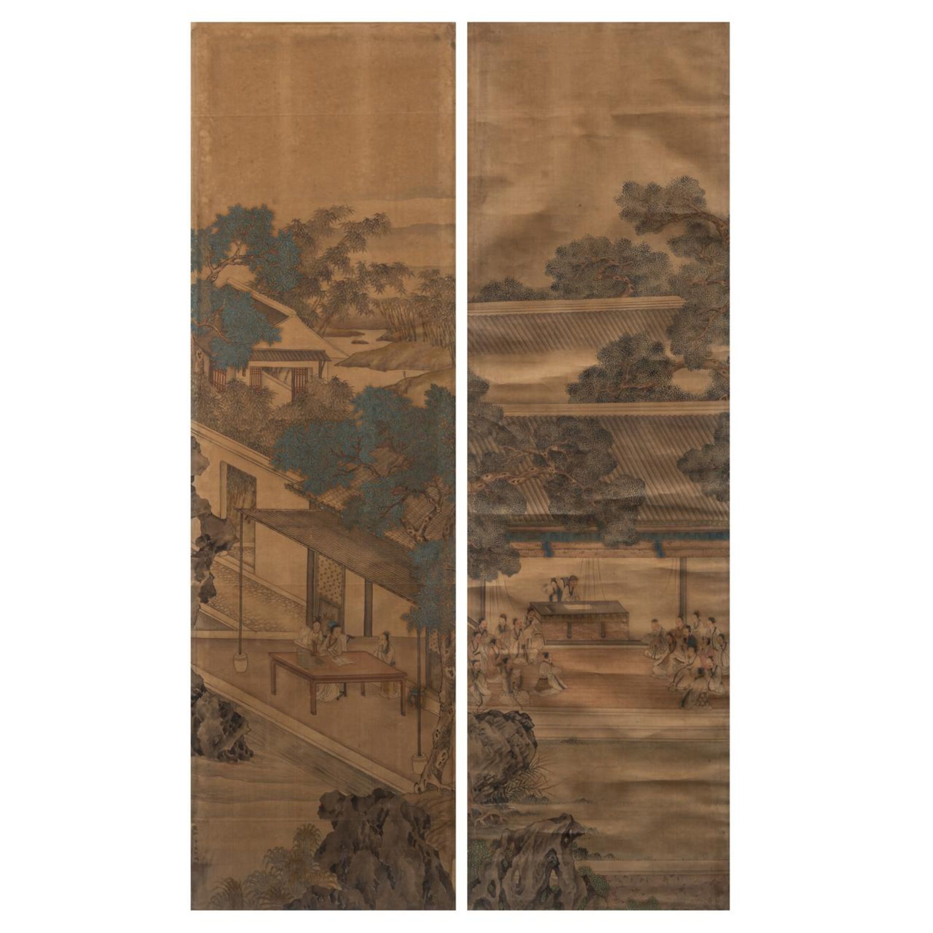 Two Chinese 'Scholars' paintings, colour on silk, framed, Qing dynasty, 60,5 x 154,5 cm (incl. frame