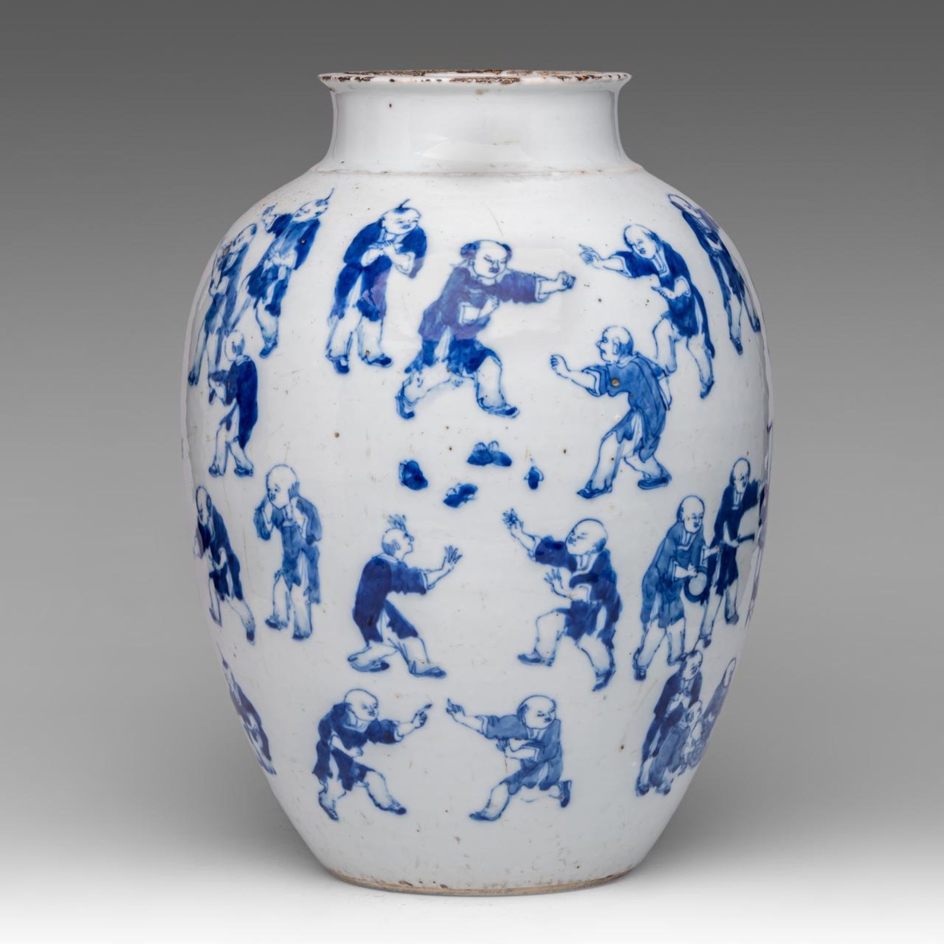 A Chinese blue and white 'Hundred Boys Welcoming Spring' jar, with a Kangxi mark, late 19thC, H 37 c