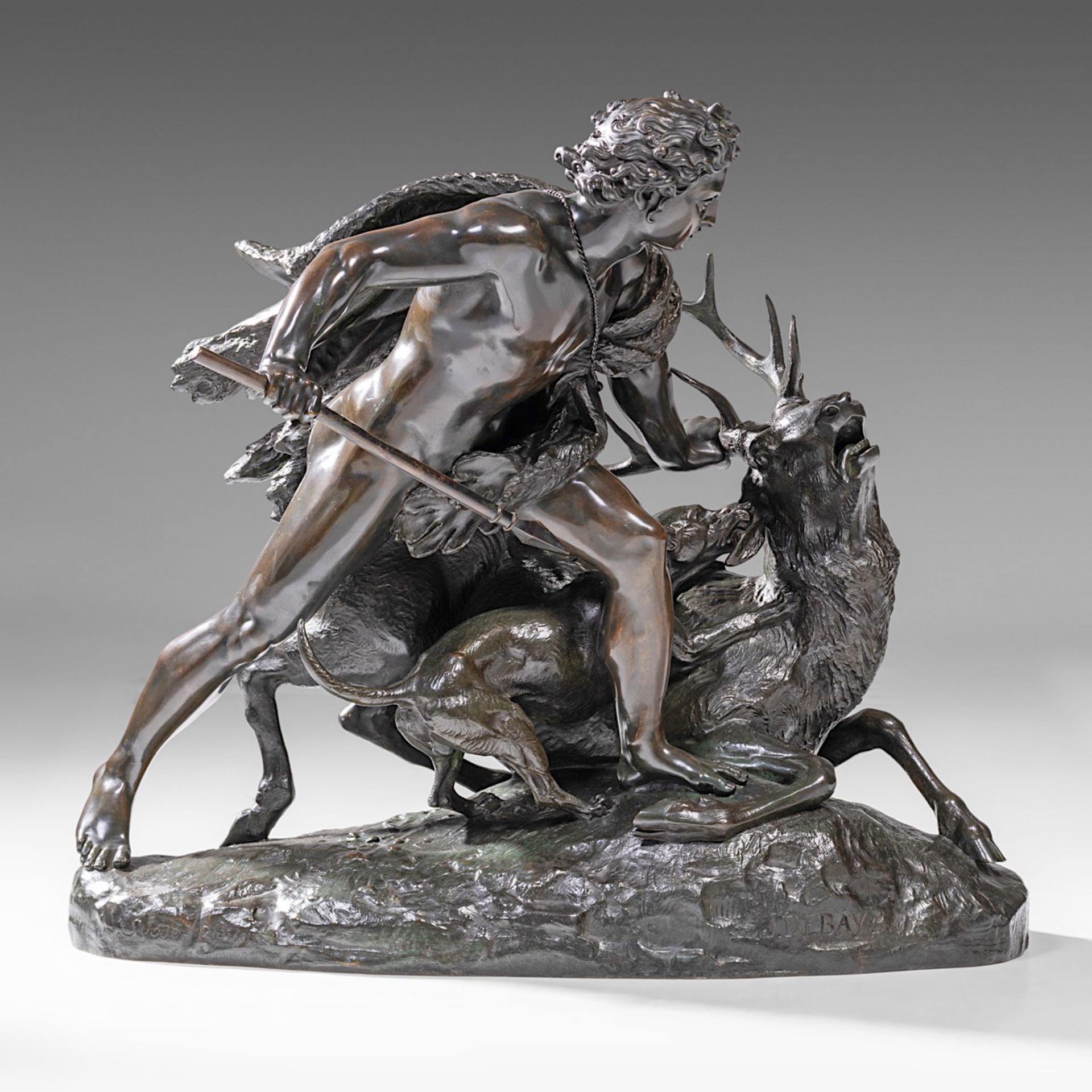 Jean-Baptiste II Debay (1802-1862), 'Le Genie de la Chasse', dark patinated bronze, H 66 - W 74 cm - Image 2 of 13