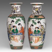 A pair of Chinese famille verte 'Ladies in a garden' vases, Guangxu/ Republic period, H 46,5 cm