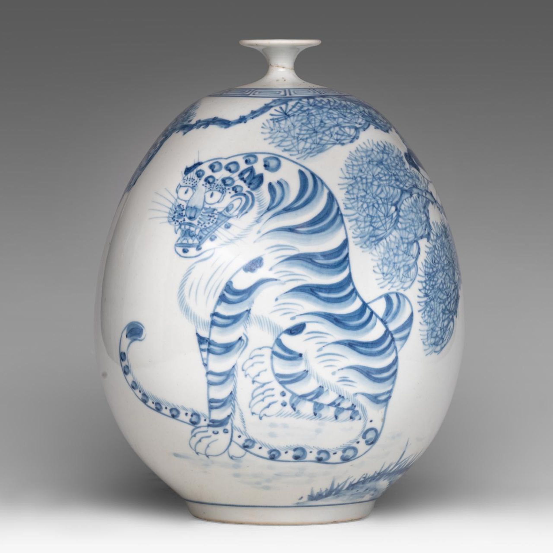 A Korean blue and white 'Mythical Tiger' vase, 20thC, H 29 cm