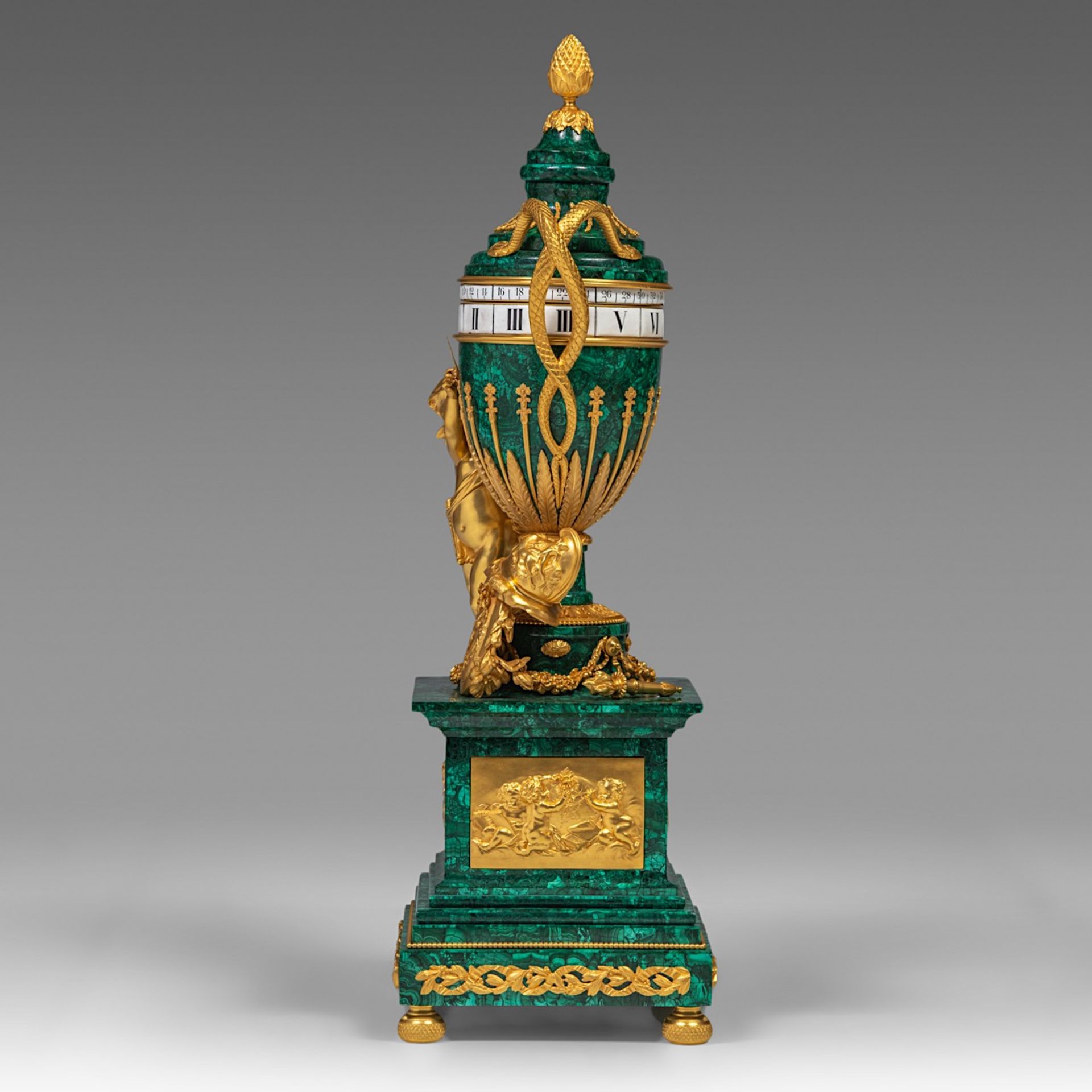 An exceptional Louis XVI style annular 'cercle tournant' clock, malachite and gilt bronze mounts, H - Image 3 of 8