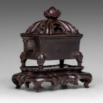A rare Chinese bronze 'Elephant' censer, Fangding form, with a Guangxu mark, a hardwood 'Lotus cover
