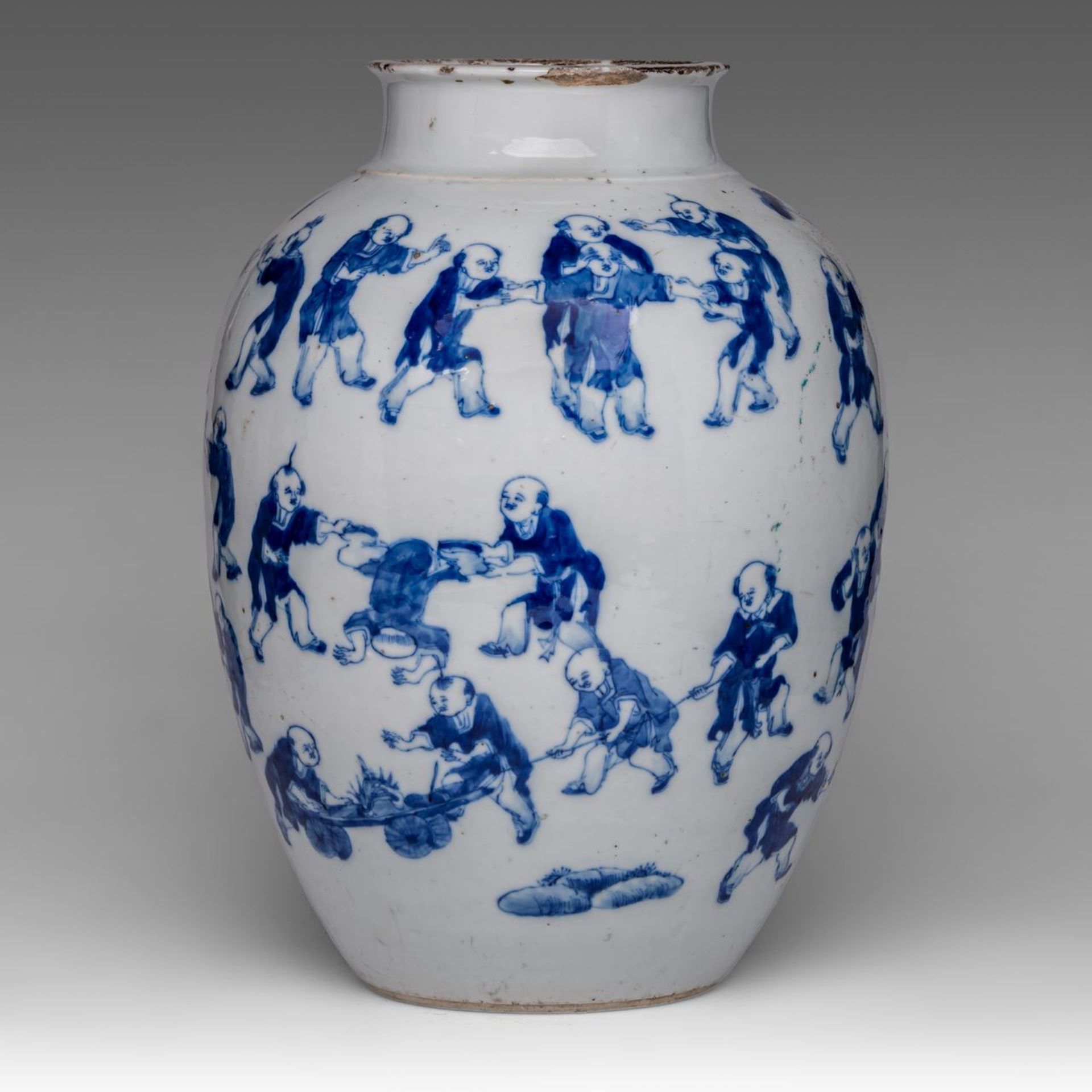 A Chinese blue and white 'Hundred Boys Welcoming Spring' jar, with a Kangxi mark, late 19thC, H 37 c - Image 4 of 6