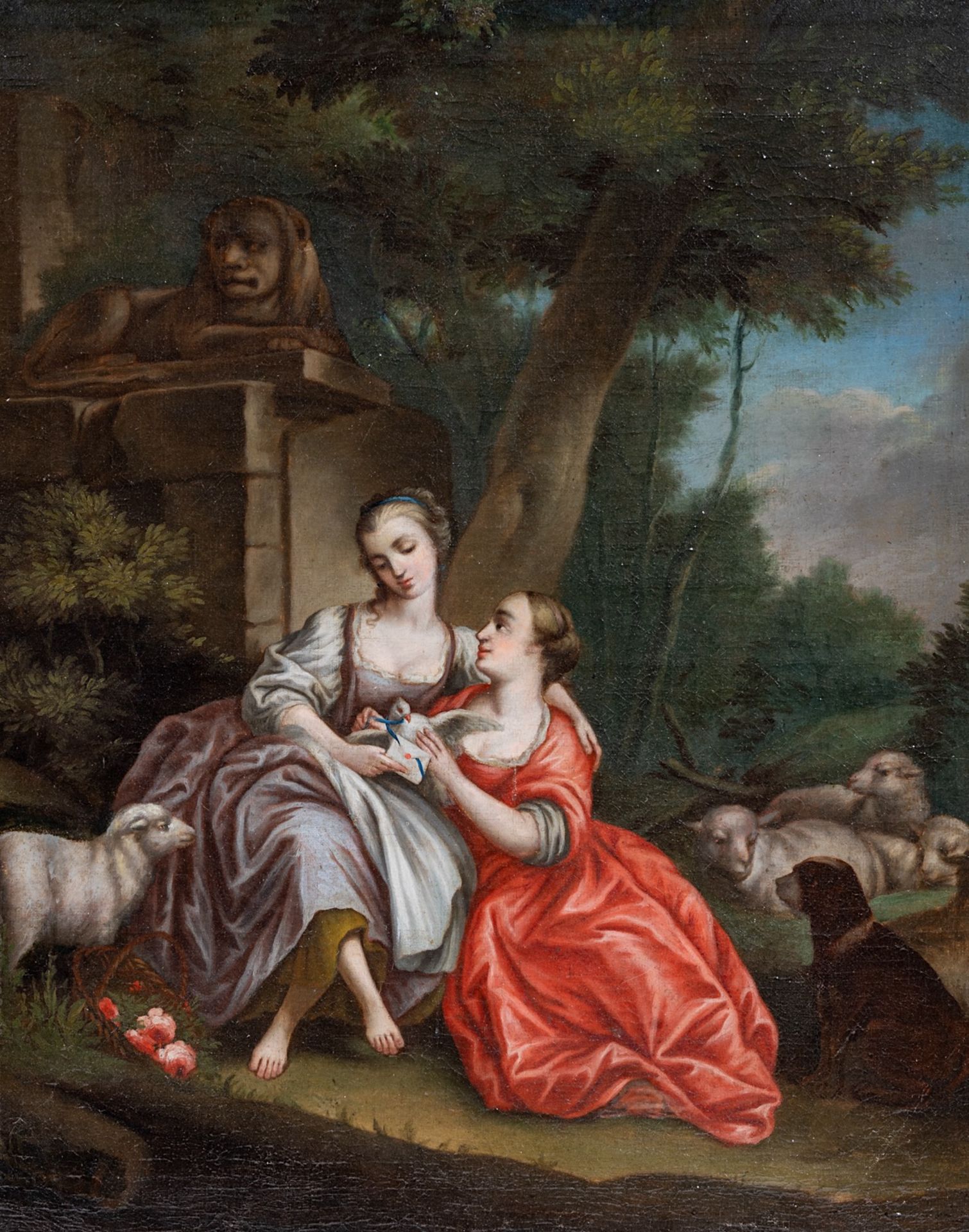 Two gallant ladies reading a love letter in a garden setting with sheep, 18th/19thC, French School,