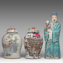 A Chinese famille rose glazed figure of Fu Xing, impress marked, 20thC, H 59,5 cm - added two Chines