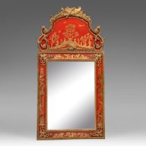 A red painted chinoiserie wall mirror with gilt decoration, H 129 - W 65 cm