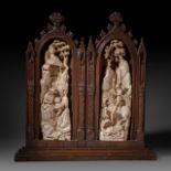 Ivory and oak gothic revival altarpiece, French, 19thC, total H 61,5 - W 58,5 cm / ivory H 42,5 cm (