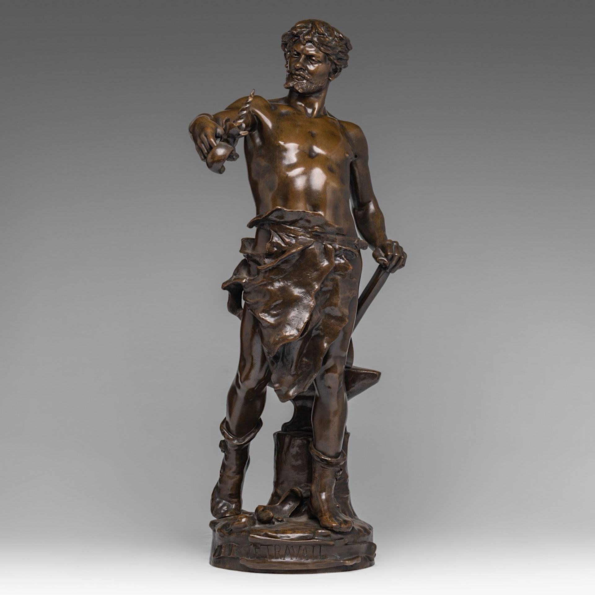 Claudius Mariton (1844-1919), 'Le Travail', patinated bronze, H 65 cm - Image 2 of 6