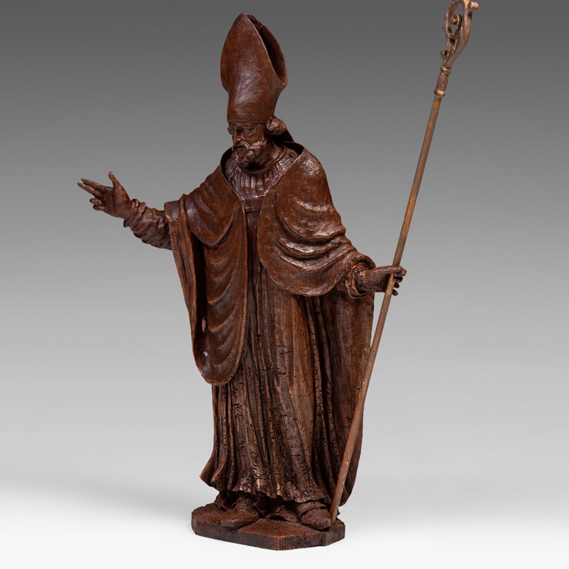 An 18thC carved oak sculpture of a bishop making his blessing, H 110 cm - Image 2 of 6
