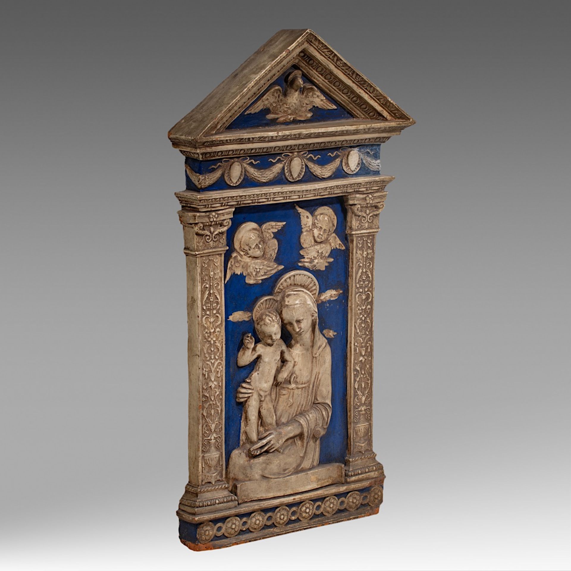 A blue and white glazed terracotta relief of the Virgin and Child in the Della Robbia manner or a fo - Image 3 of 6