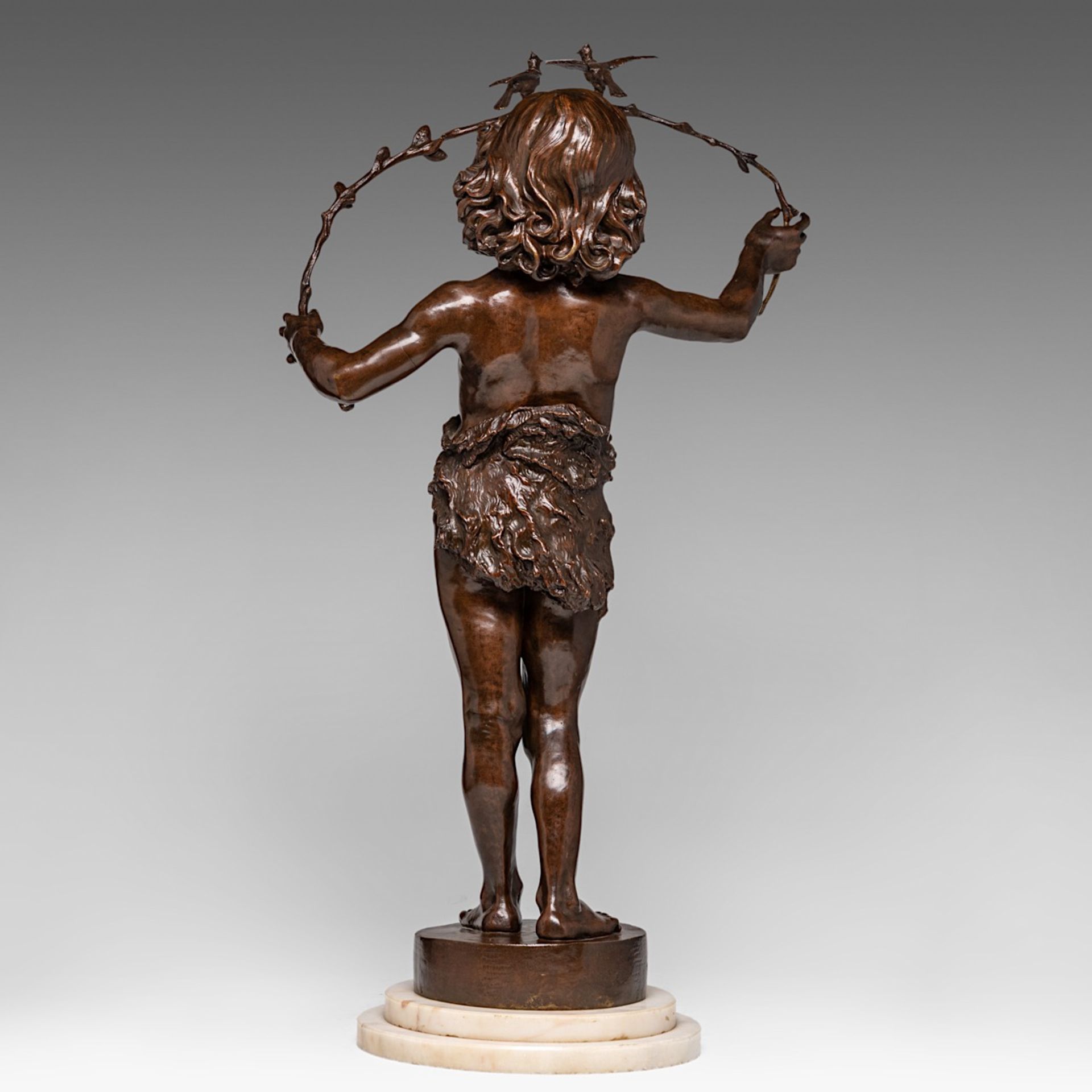 Marcel Debut (1865-1933), boy playing with birds, patinated bronze, H 70 cm - Image 4 of 6