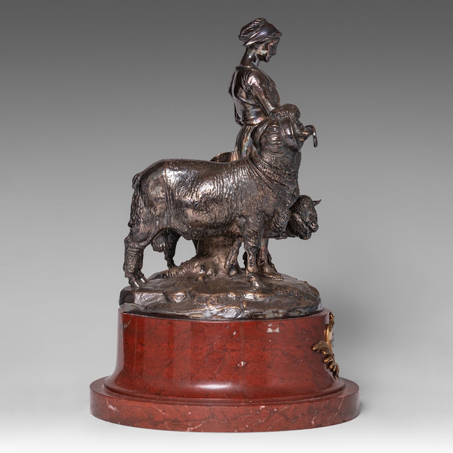 A silver-plated bronze group of a shepherdess with her sheep, cast by Christofle & Cie, 1885, H 41 c - Image 5 of 6
