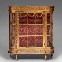 Louis XVI-style gilded and velvet-lined display cabinet with a marble top, H 129 cm - D 42,5 cm - W